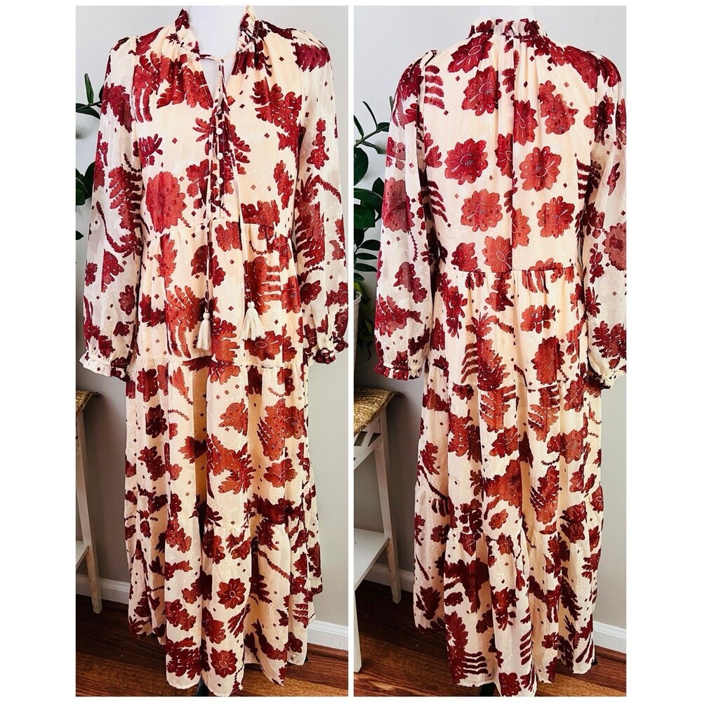 Polagram Cream & Red Big Rose Print Woven Flowy Maxi Dress Boho Prairie Small